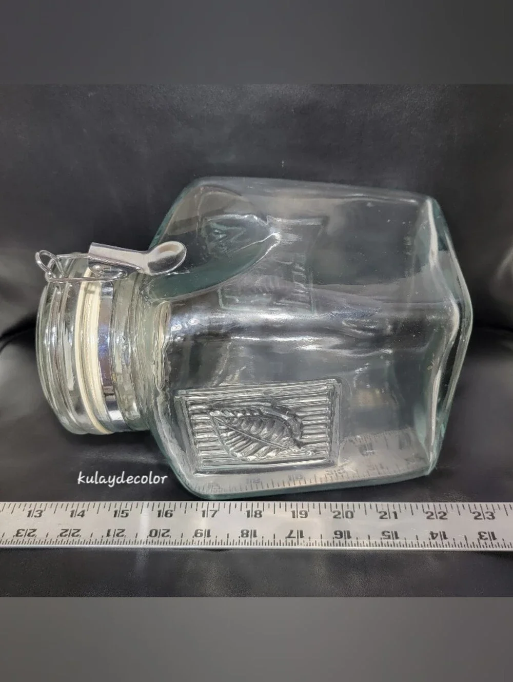 Vintage Large Glass Canister Embossed Leaf Hermetic Jar Hinged Bail Lid 8.75